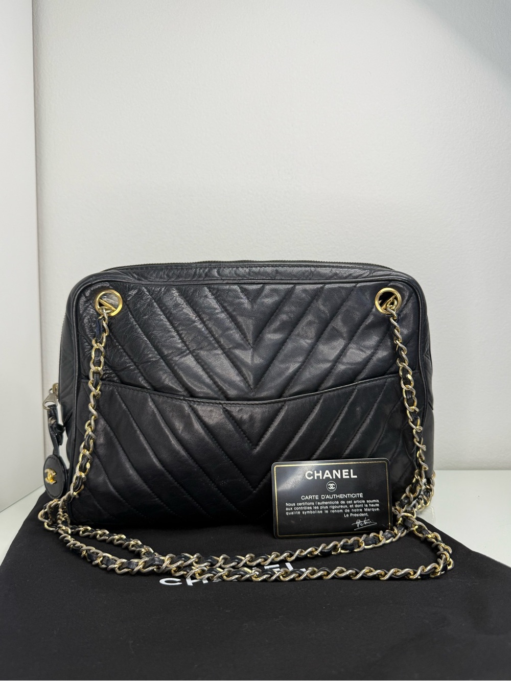 CHANEL Vintage Black Chevron Quilted Lambskin Leather Shoulder Bag